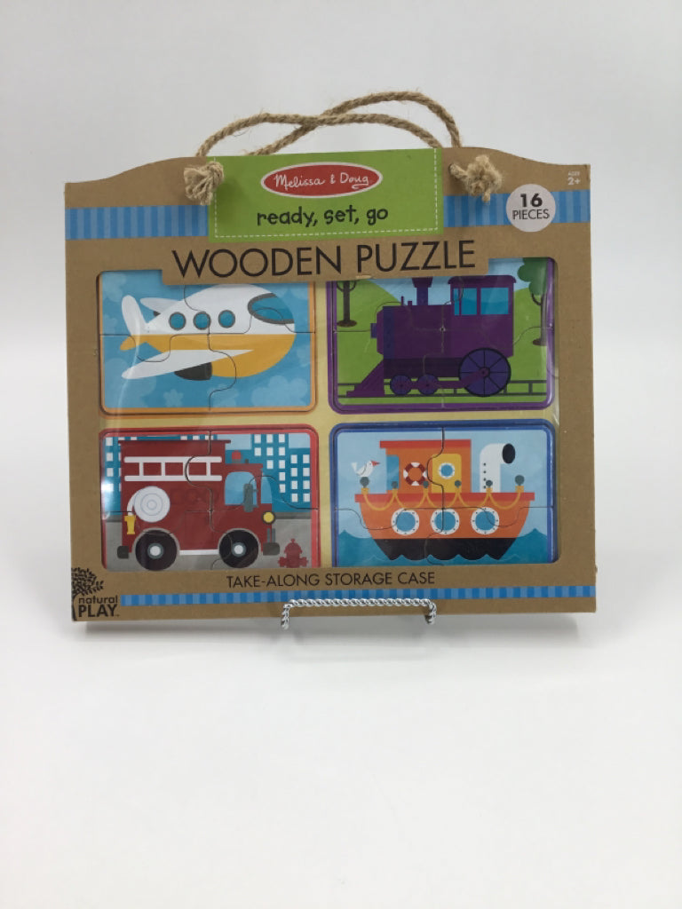 Melissa & Doug Natural Play Wooden Puzzles: Ready, Set, Go - 4 puzzles and case