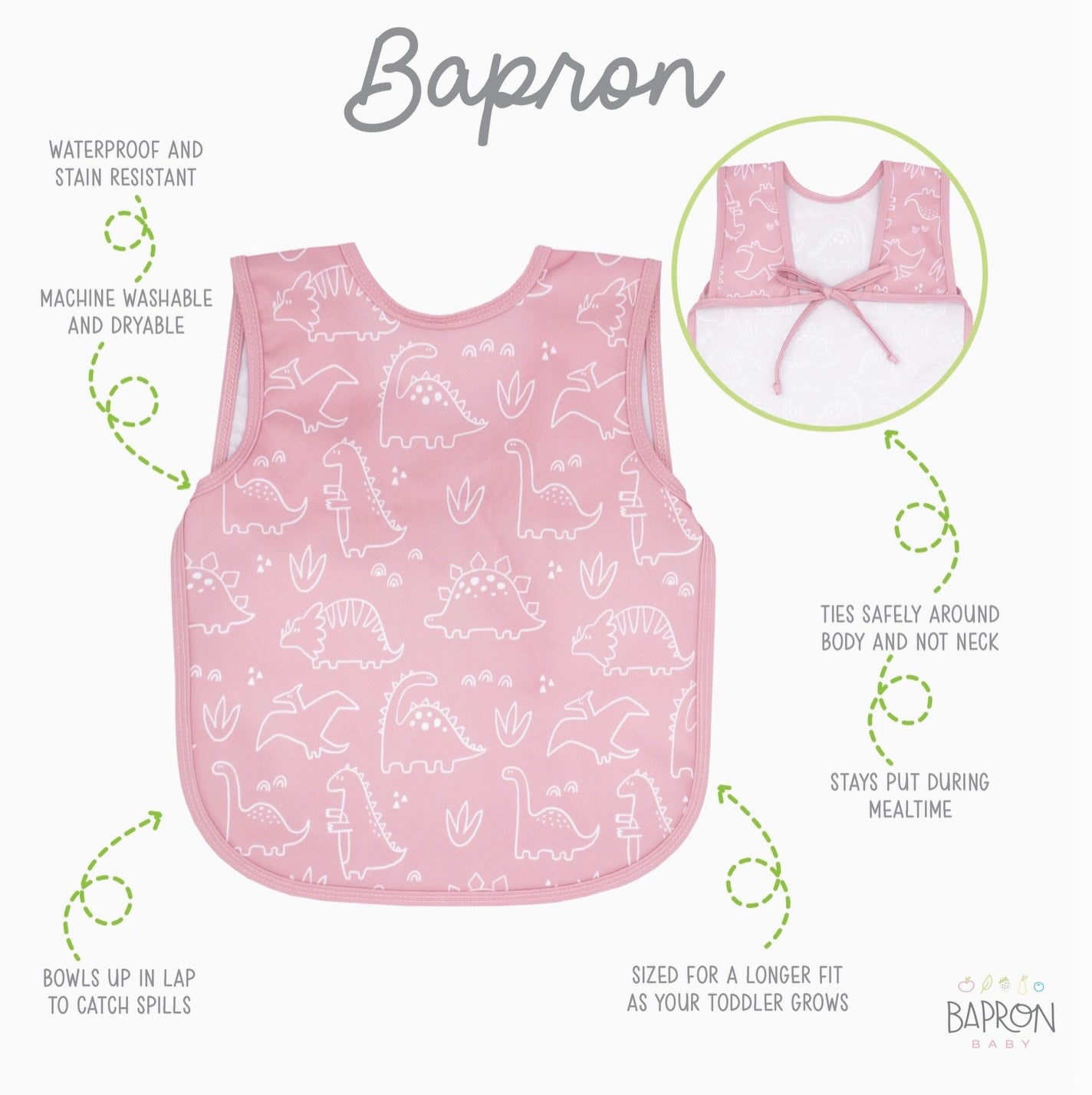 Bapron - Dino Friends (Blush) Preschool Size (3-5 YRS)