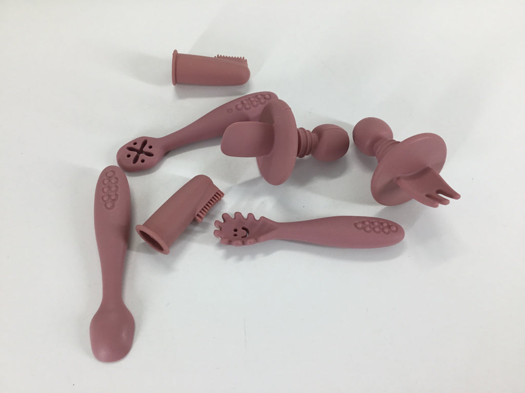 Silicone Baby Self-feeding Pink Utensils and Toothbrushes