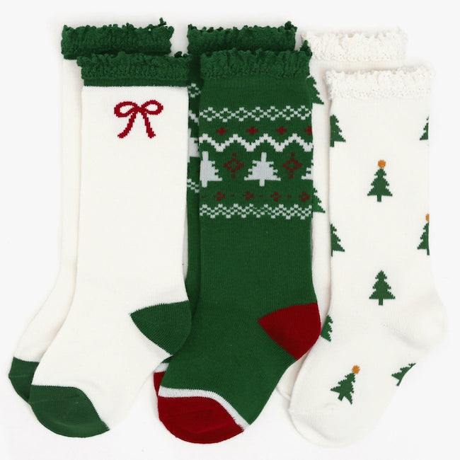 The Little Stocking Co - Lace Top Knee Socks (3 Pack) - Tree Farm