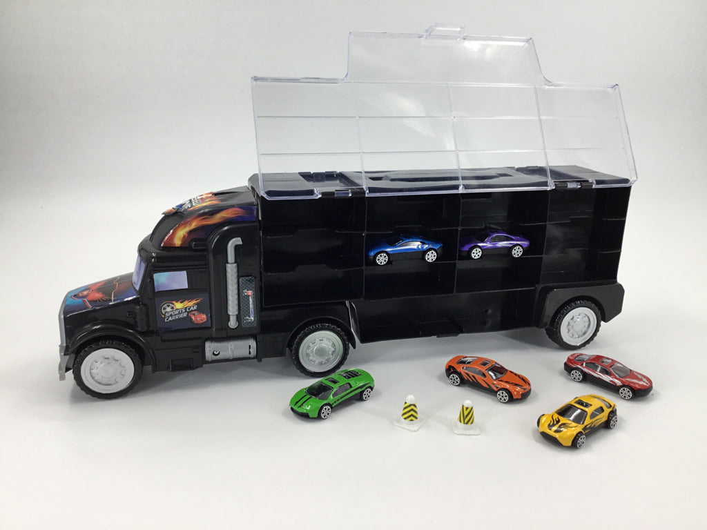 Tractor Trailer Car Collection Case Carrier Transport Toy w/6 cars & accessories